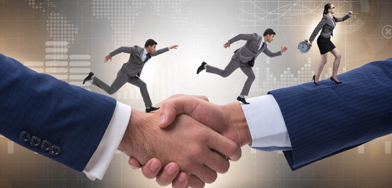 Cooperation concept with people running on handshake