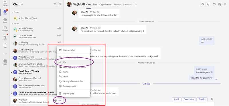 Selecting Pin from the ellipsis menu in Microsoft Teams