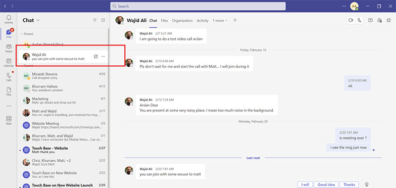 A pinned chat shown at the top of the Teams pane