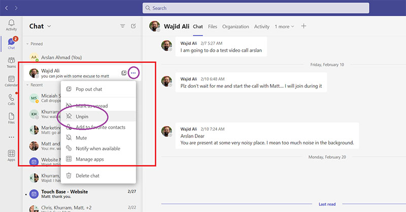 Unpinning a chat or channel in Microsoft Teams