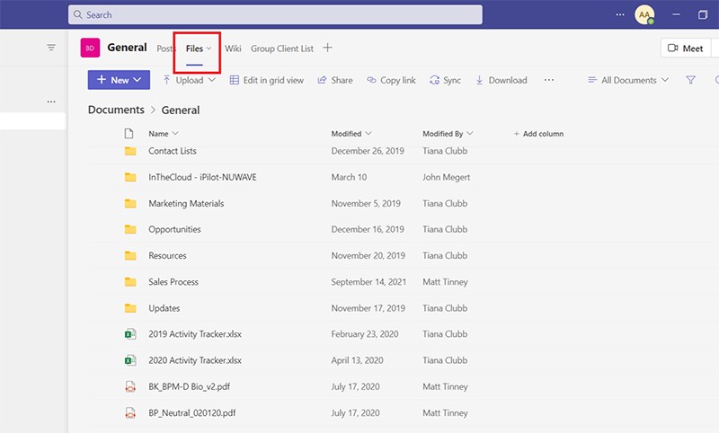 Selecting the Files tab in a Teams channel