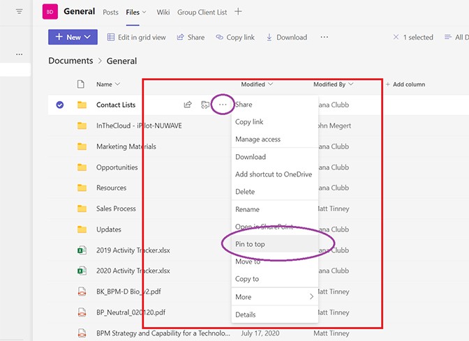 Choosing Pin to Top from the file options menu
