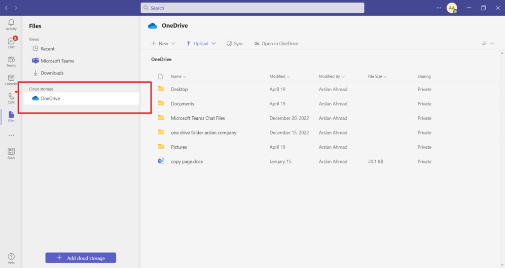 Accessing personal OneDrive from the Files view in Teams