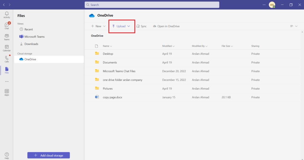 Uploading a file to OneDrive using Teams