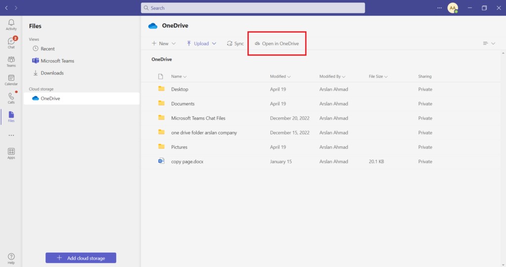 Opening the full OneDrive application from Teams