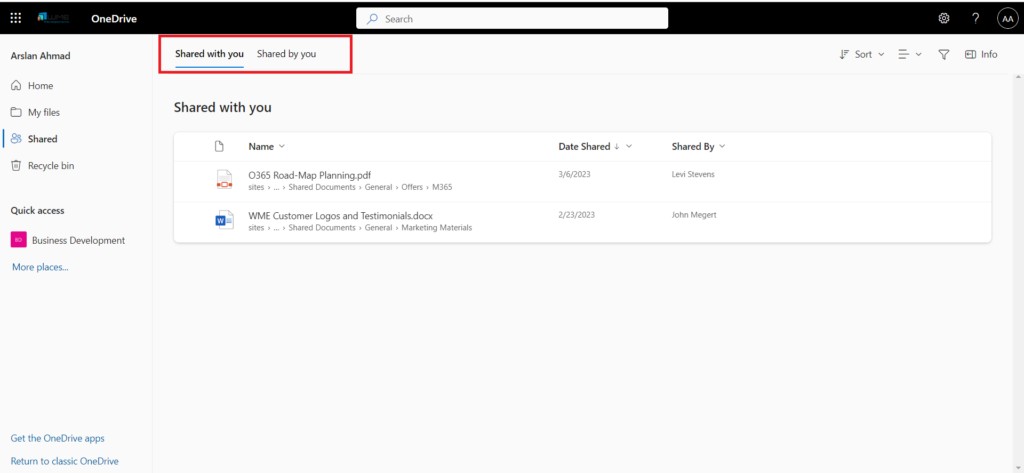 The OneDrive interface showing items shared by and with you