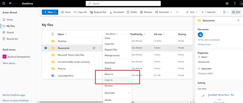 Choosing Move to or Copy to from the ellipsis menu