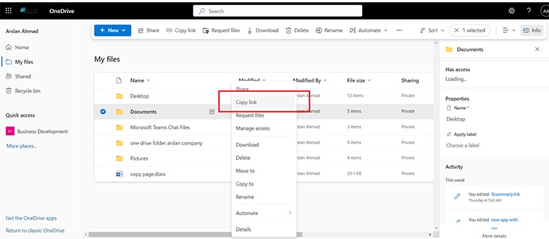 Choosing Copy Link from the ellipsis menu