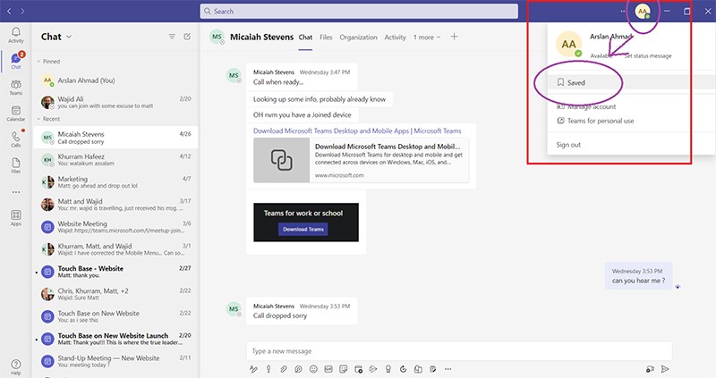 Choosing Saved from the profile icon menu
