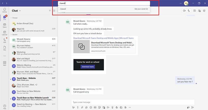 Using the /saved command in the Teams command bar