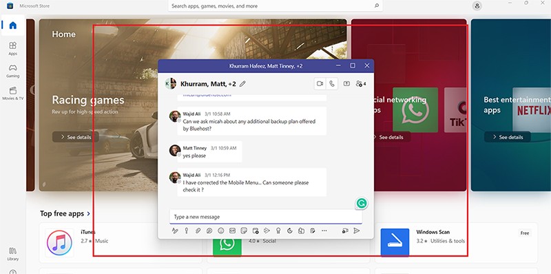A popped-out Teams chat next to other open applications