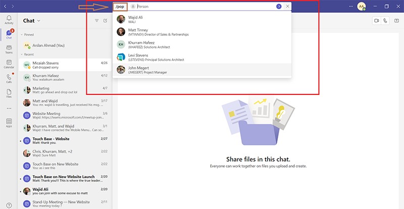 The /pop command drop-down menu in the Teams search box